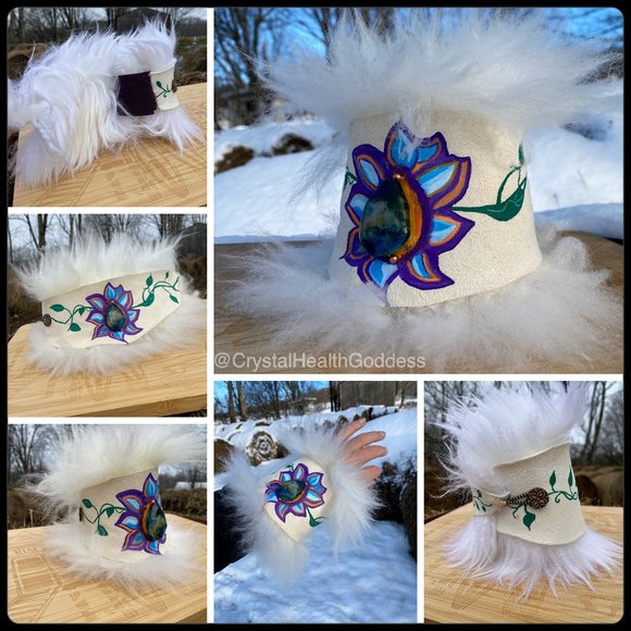 Sheepskin Hand Painted Statement Wrap Bracelet With Healing Stones - Picture 3 of 6